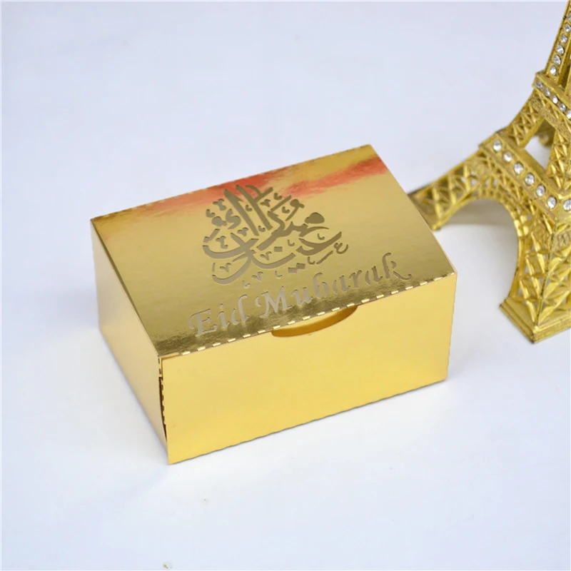 HAOCHU 100ks Eid Mubarak Laserom Rezané Prospech Boxy Ramadánu Kareem Candy Darčeka Zlato, Striebro Šťastný Moslimských Eid Svadobné Party Decor