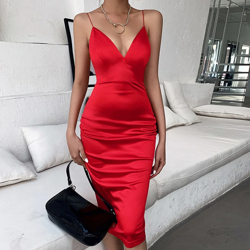 HAOYUAN Black Red Satin Sexy Šaty Club Žena Strany Noc Letné Oblečenie 2020 Nové Spagetti Popruh Backless Bodycon Tesné Šaty