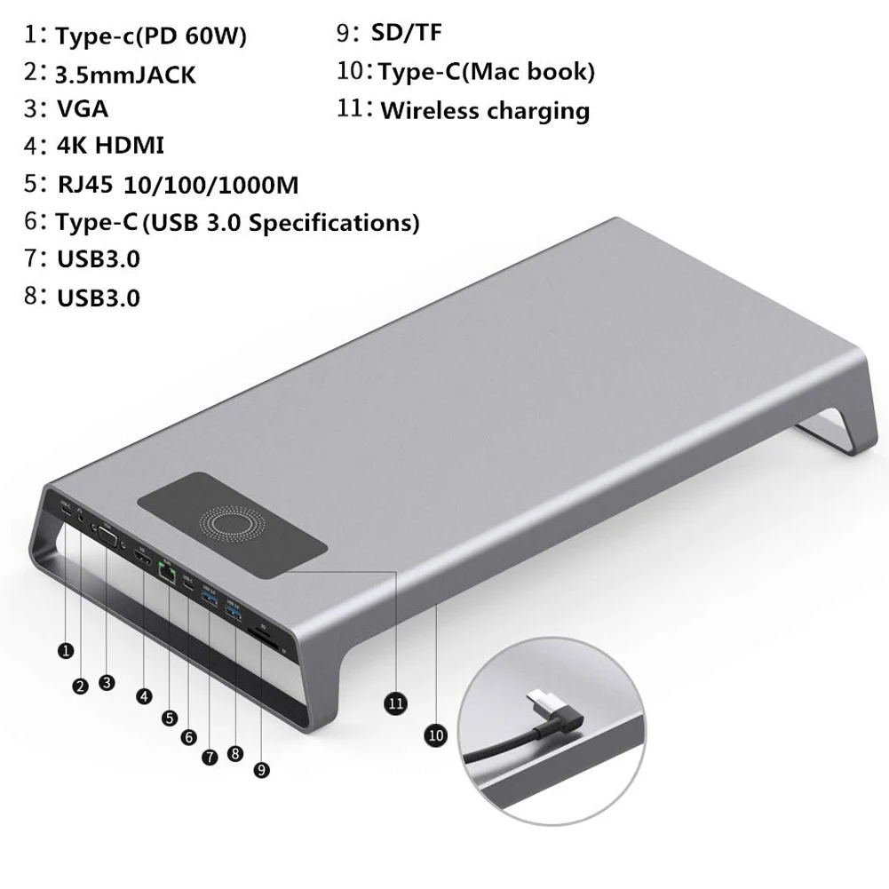 Hliníkový Stojan Monitora Docking Station s USB C Hub Podpora 4K HDMI VGA TF Karty Bezdrôtovej Náboj DQ-Drop
