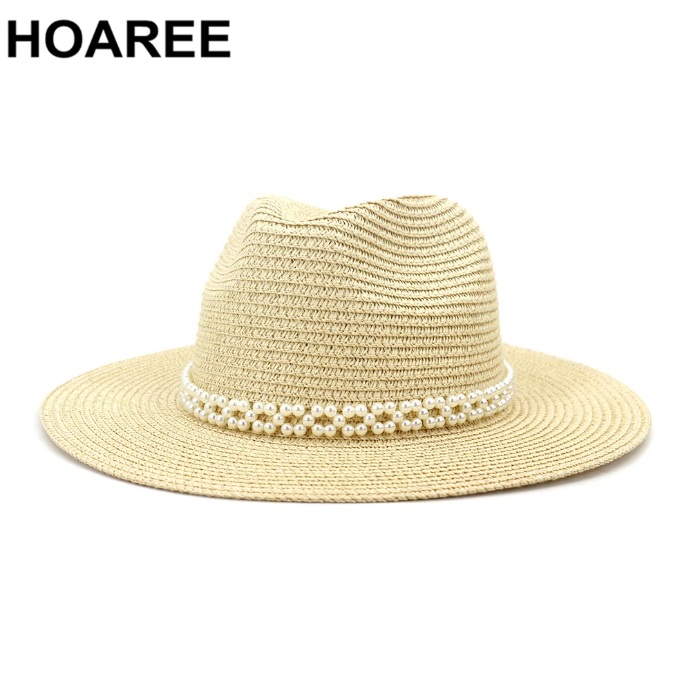 HOAREE Navy Panamský Klobúk Štýlový Pearl Letné Beach Dámy plstený klobúk Široký Okraj Klobúka Slamy Slnko Čiapky pre Ženy Jazz Fedora Klobúk