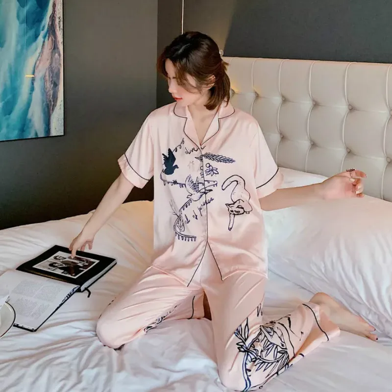 Hodváb Pyžamá pre Ženy Saténové Pyžamá Nastaviť Dlhý Rukáv Sleepwear Pijama Mujer Sleepwear Nastaviť Plavky Domáce Oblečenie pre Ženy