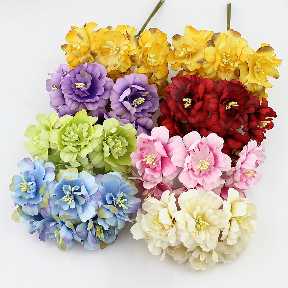 Hot predaj 5cm hodváb Umelé slivkové kvety Kytice pre DIY Scrapbooking veniec svadobné dekorácie falošné kvety,60pcs/veľa