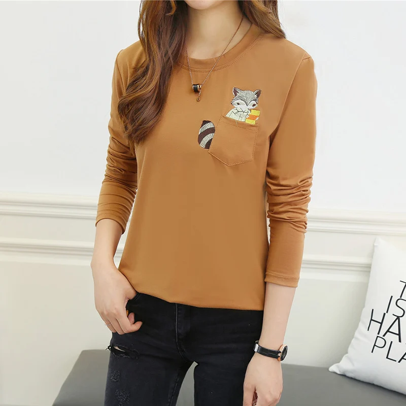 Hot predaj jeseň ženy Bavlna Tee Tričko cartoon Vytlačené Voľné dlhý Rukáv T-shirt žena kórejský štýl bežné topy plus veľkosť M-5XL