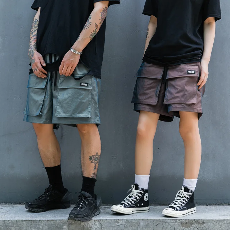 IEFB /pánskeho oblečenia farebné reflexné náradie šortky streetwear módy voľné bežné pár kolená dĺžka nohavice pre mužov a famle