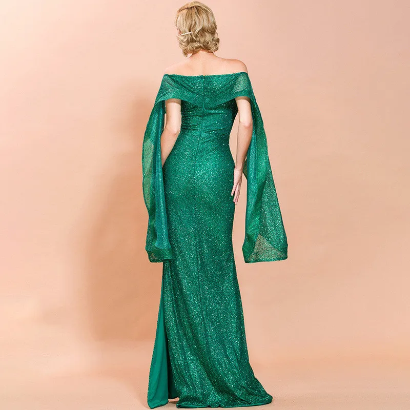 IFox Sexy Nepravidelný Krku Volánikmi Zelená Farba Ženy Šaty 2020 Žena Elegantné Bodycon Maxi Glitter Party Šaty