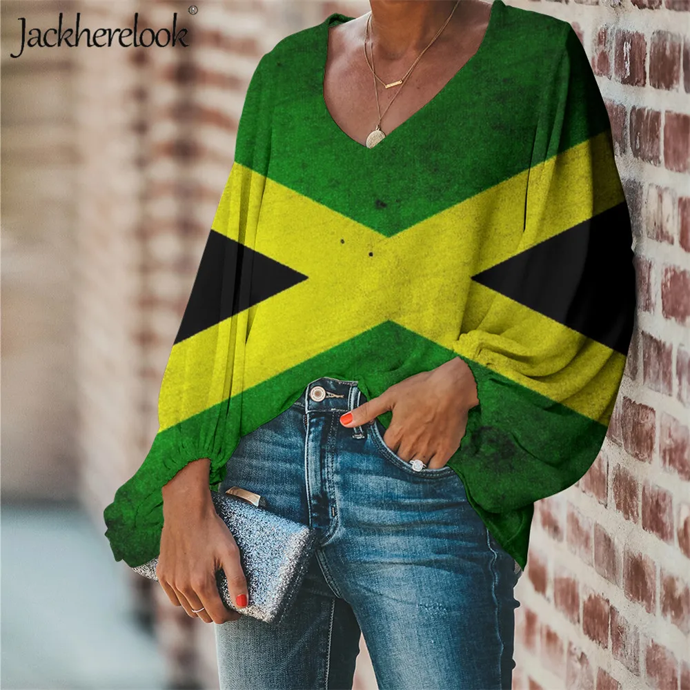 Jackherelook Jamajka Príznak Tlač Sexy dámske Blúzky Plus Veľkosť Voľné Topy Tee Módne Chemisier Dámy Jar Tričko s Dlhým Rukávom