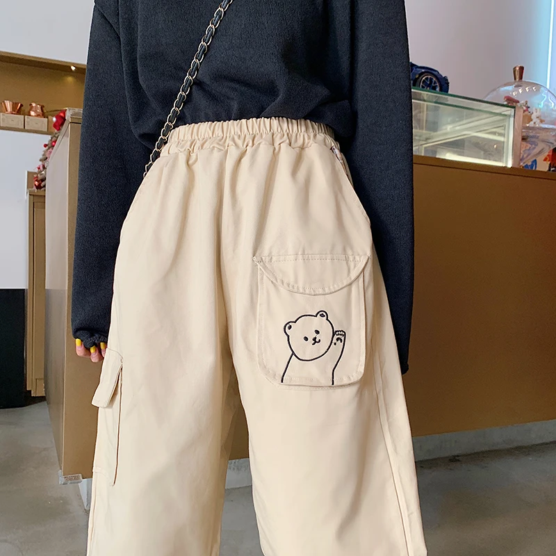 Japonský Kawaii Mäkké Dievča Kórejský Teen Voľné Tenké Nohavice Cartoon Králik Výšivky Vrecku Koberčeky Spájať Kliešte Bežné Nohavice