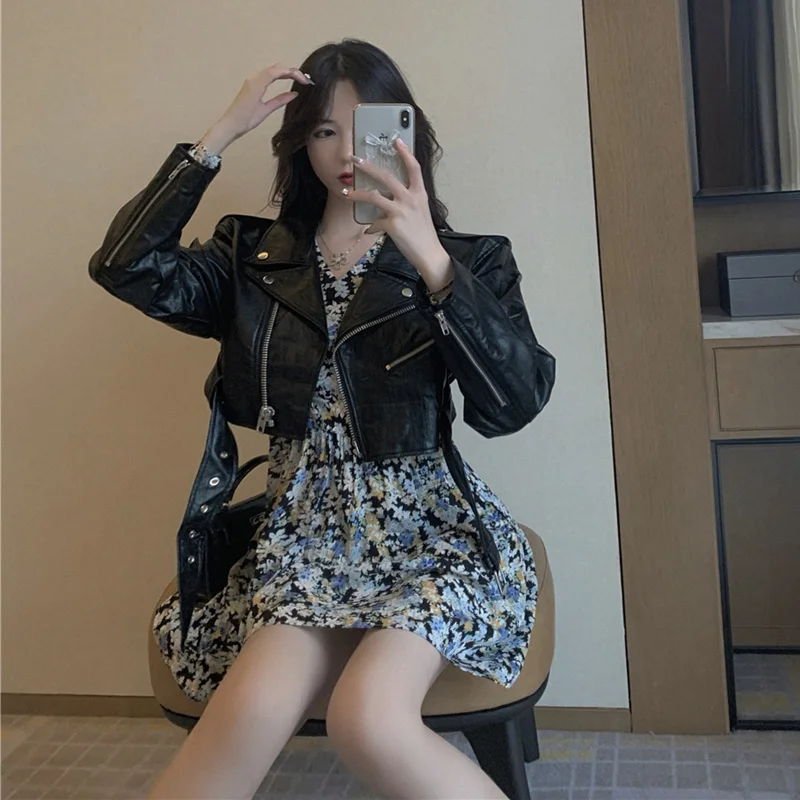 Jar Krátke Kožené Sako Ženy Kórejský Black Moto Biker Zips Bunda Žena 2021 Nové Módne Streetwear Vrchné Oblečenie Sexy Coats