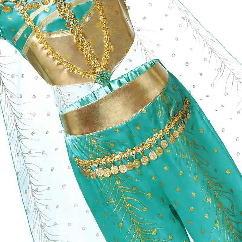Jasmine Aladdin Šaty, Šaty Pre Dievčatá Páva Tlač Plášť Arabian Princess Cosplay Sari Vyhovuje Indickej Sady Deti Zelená Saree