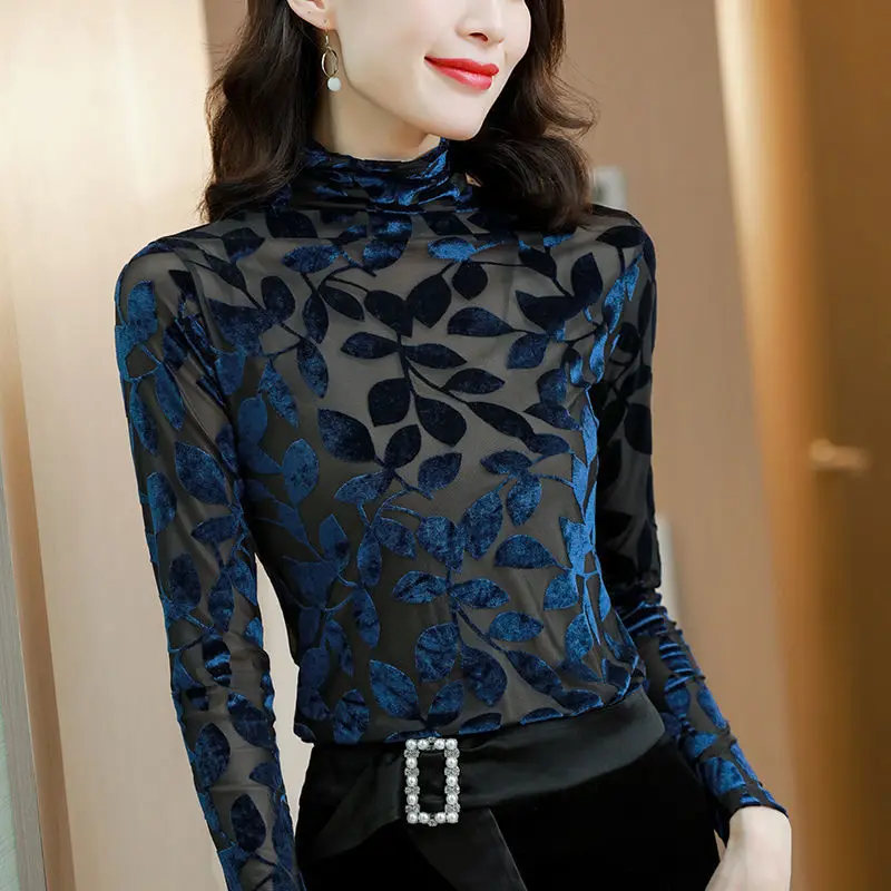 Jeseň zima žena tshirts kórejský módne slim vysoká krku velvet t-vyšívané tričko dlhý rukáv tričko klesnutie