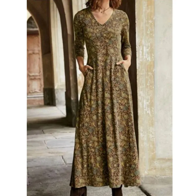 Jeseň Ženy Bavlna Dlhé Šaty Bežné Dlhý Rukáv tvaru Tlačené Maxi Šaty Lady Voľné Pocket-Line Šaty Veľké Veľkosti 3XL Vestidos