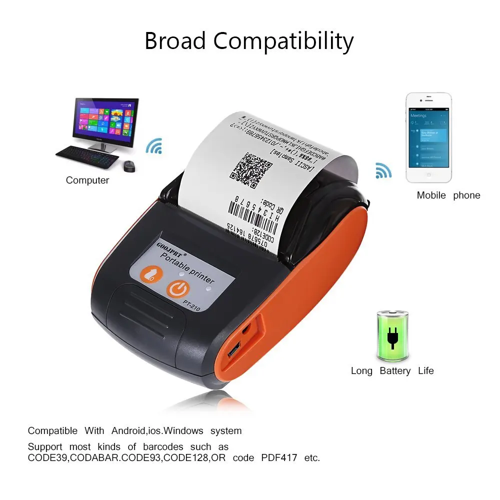 JP-210 58mm Mobile Printer Bezdrôtová prenosné prenosné tepelné doručenia tlačiareň vrecku bill tlačiarne pre systém IOS, Android