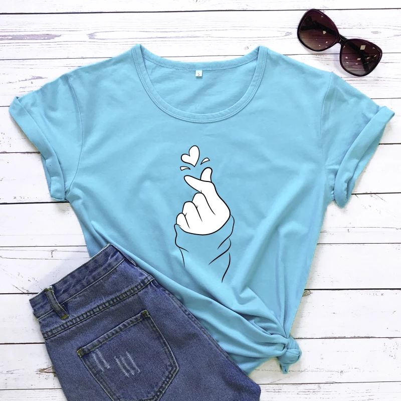 K-Pop Bavlna tričko Vysokej Kvality kórejský Prst Srdce Grafika Tričká Topy Vtipné Ženy Estetické Tumblr Lumbálna Tričko Oblečenie
