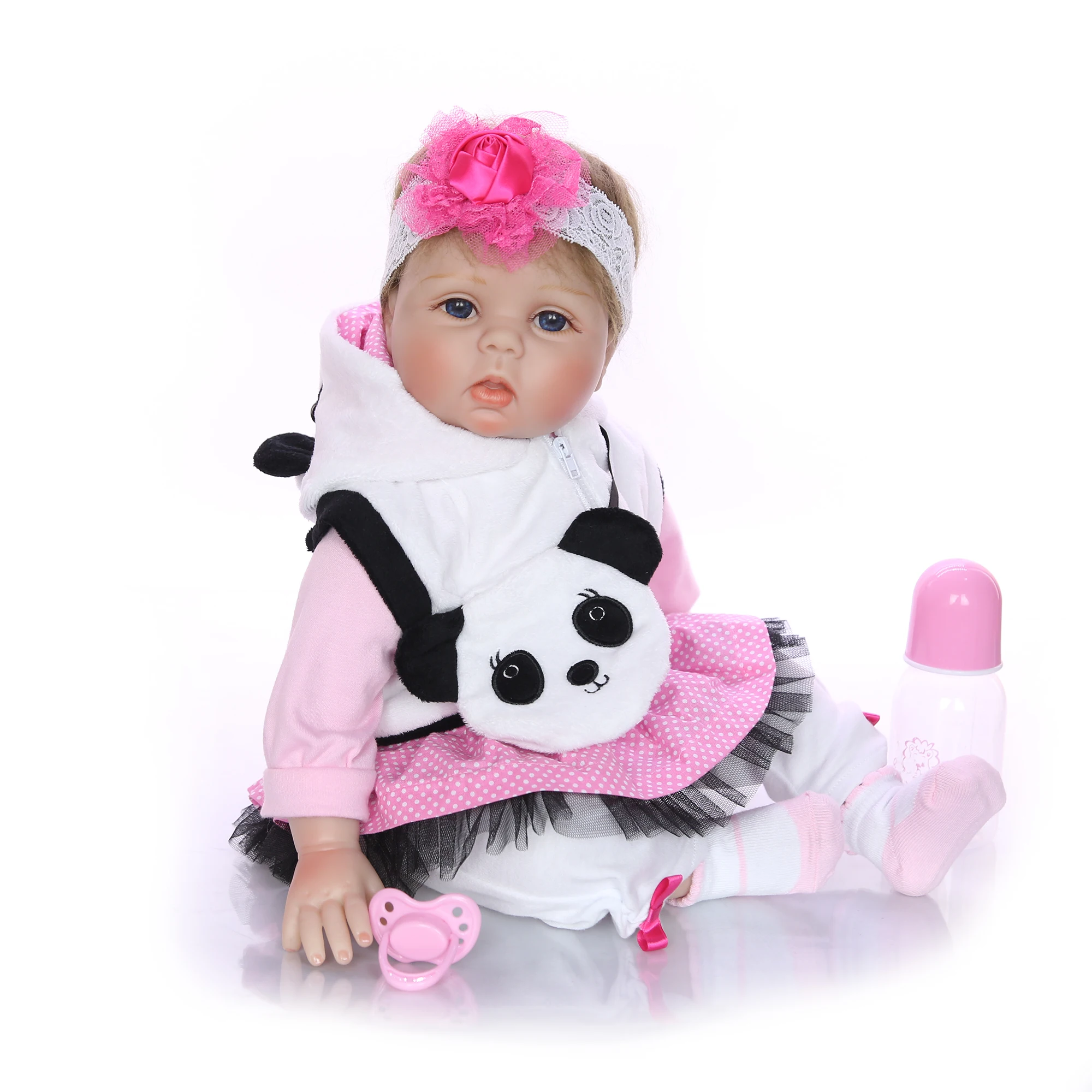 KEIUMI Realistické Znovuzrodené Dieťa Dievča Bábiku Látkové Telo, Mäkké Silikónové Realisticky Dieťa Bábiky Nosenie Panda Oblečenie Dieťa Narodeninám