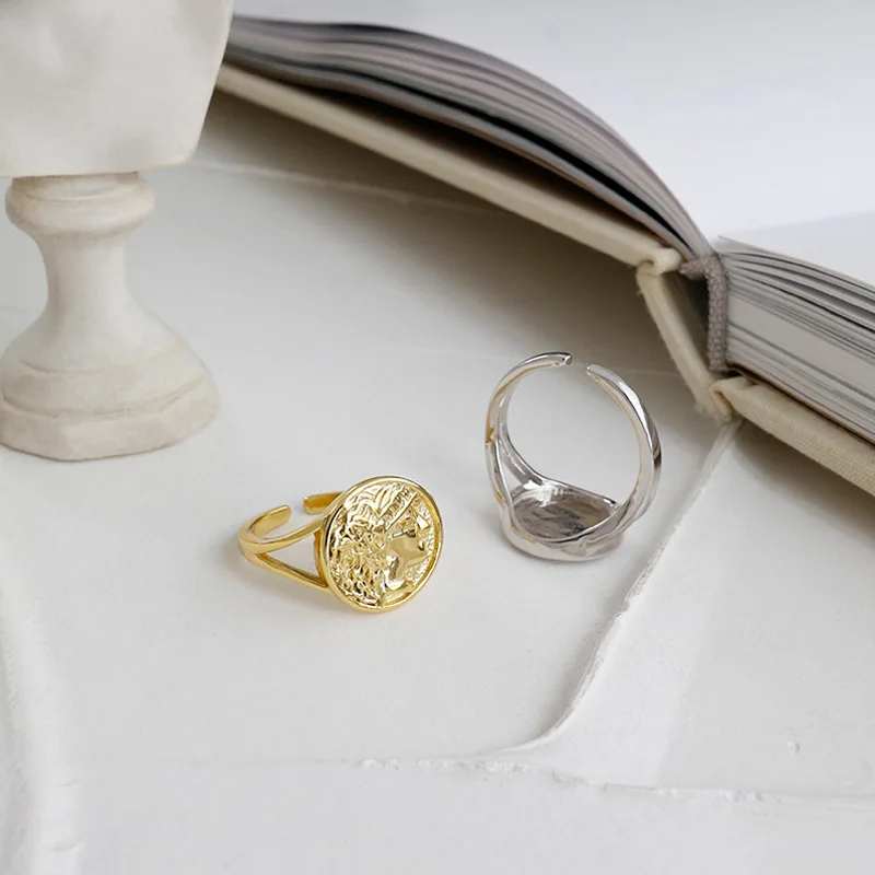 Kinel Nastaviteľné 925 Sterling Silver 18K Gold Ring Okrúhle Mince Portrét Otvorte Veľkosť Prsta Strieborný Prsteň Dámy Darček Šperky