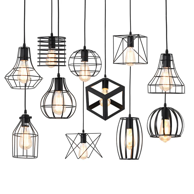 Kreatívne 23 Druhov Retro Black Birdcage Prívesok Svetlá Nordic Železa Minimalistický E27 Loft Pyramídy Prívesok Lampa Kovové Závesné Lampy