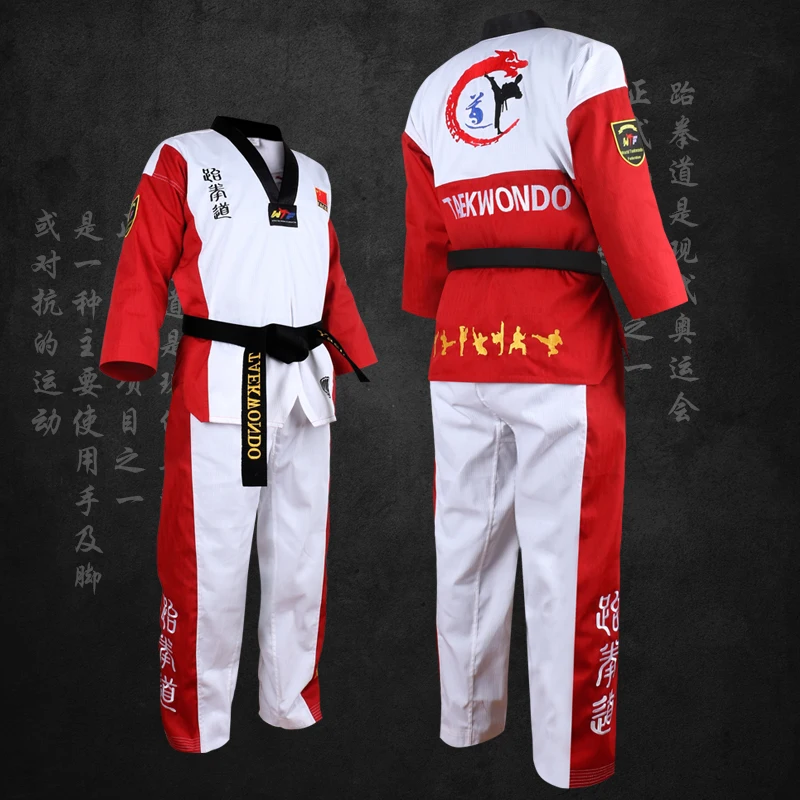 Kvalitné Farebné Taekwondo Jednotné pre dospelých, Deti, Teenagerov Poomsae dobok červená modrá čierna tae kwon robiť oblečenie WTF schválené