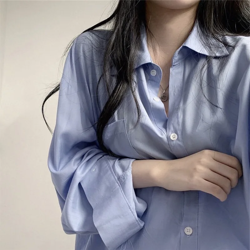 Kórea ELEGANTNÉ Oblečenie Klope Polovice Dlho Nadrozmerná Tričko modrá biele, Retro 2020 Žena Klope Dlhý rukáv Voľné Blúzky, Bežné Topy Blousas