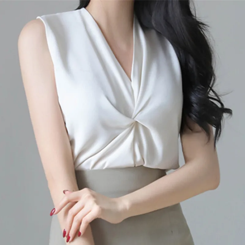 Kórejský Saténové Blúzky Ženy Hodvábna Blúzka bez Rukávov Top Plus Veľkosť Lete Žena tvaru, Pevné, Blúzky, Košele Blusas Mujer De Moda 2020