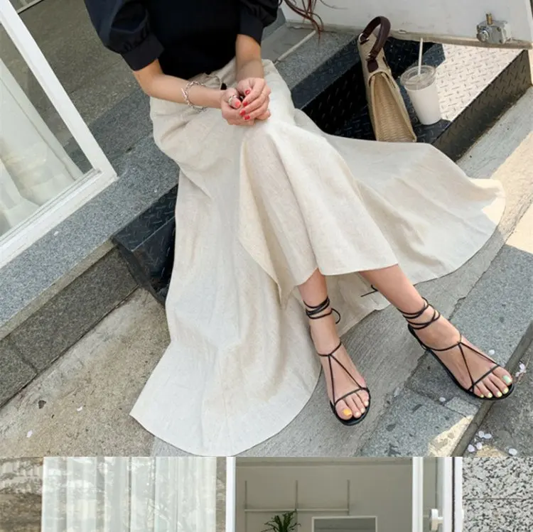 Kórejský Štýl, Vysoký Pás Bavlny a Ľanu Nepravidelný Sukne, Elegantné Maxi Sukne Pre Ženy-Line Ženy Oblečenie