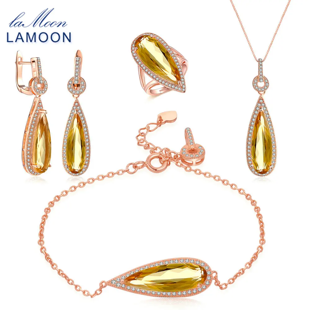 LAMOON Rýdzeho Striebra 925 Šperky Nastaví Veľké Citrine Drahokam 18K Rose Gold Jemné Šperky Luxusné Šperky Designer Pre Wome V047-1