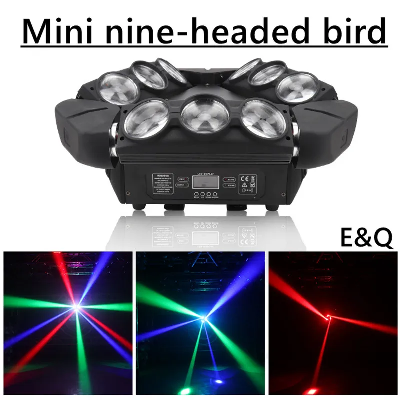 LED deväť-eyed spider pohyblivé hlavy svetla lasera deväť hlavu vtáka lúč rotujúce farebné svetlo, dj, disco ball fáze osvetlenie