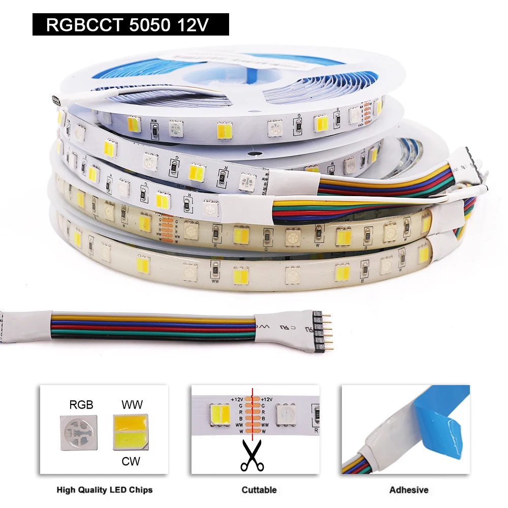 LED Pás RGB CCT RGBCCT RGBW RGBWW Svetlo 5050 12V 24V Vodotesný 5M 300LED Flexibilné LED Pásky Svetlá Biela Modrá Teplá Biela