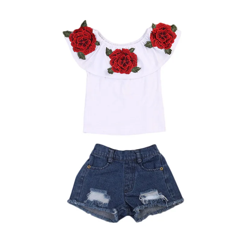 Letné Baby Deti, Dievčatá Oblečenie 3D Kvetina tlače bez rukávov Prehrabať kolo krku pulóver T-Shirts Denim Otvor Nohavice 2pc bavlna Nastaviť