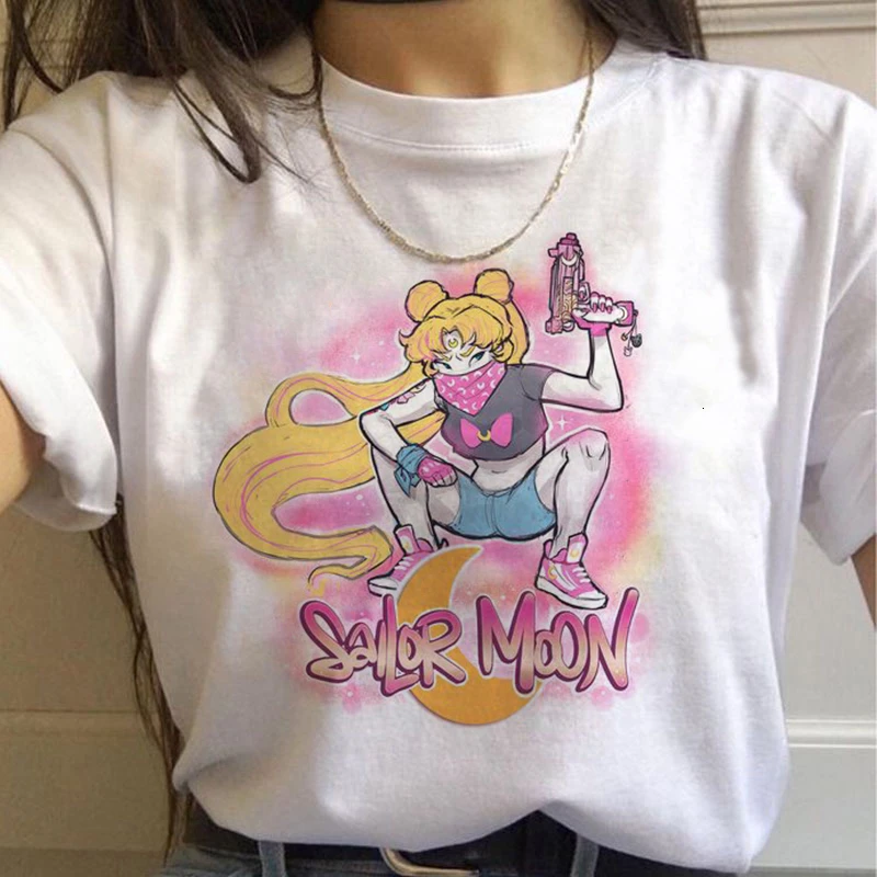Letné T-shirt dámske Harajuku Oblečenie Tričko Sailor Moon Vtipné tričko Estetické Mačka Anime Ženy Roztomilý Žena Tričko Kawaii Top