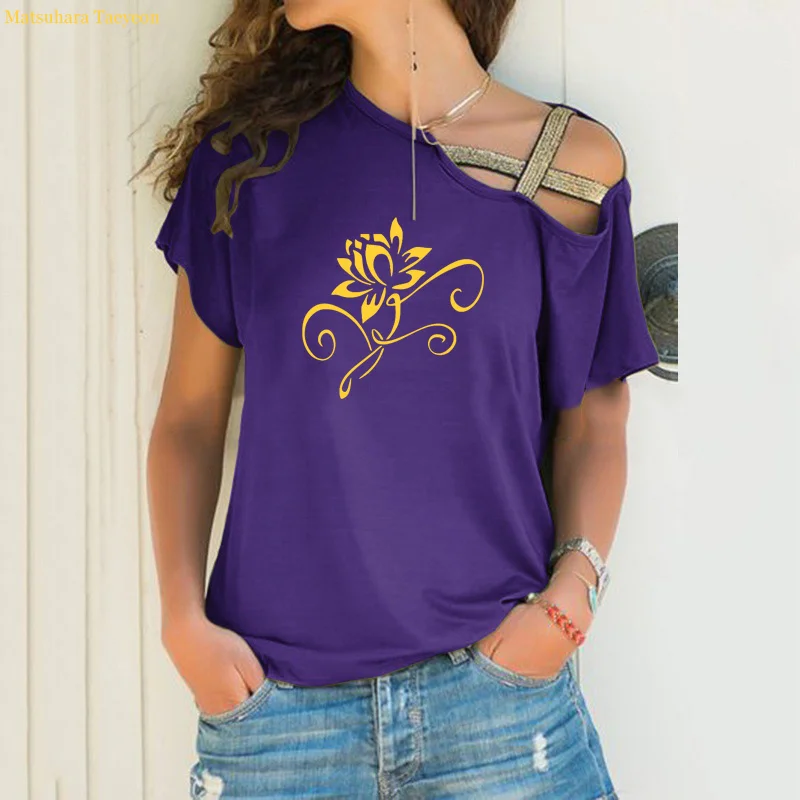 Lotus Umenie Karikatúry T Shirt Ženy Letné Nový Krátky Rukáv T Shirt Ženy 2020 Sexi Asymetrické Ramenný Tee Tričko Femme Topy