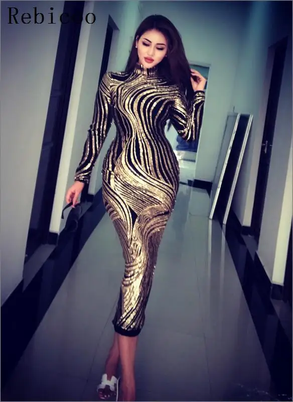 Luxusné Sequin Celebrity Zlaté Šaty Žien Úsek Midi Elegantné Šaty Plus Veľkosť Dlho Party Šaty na Ples Večer Vestidos