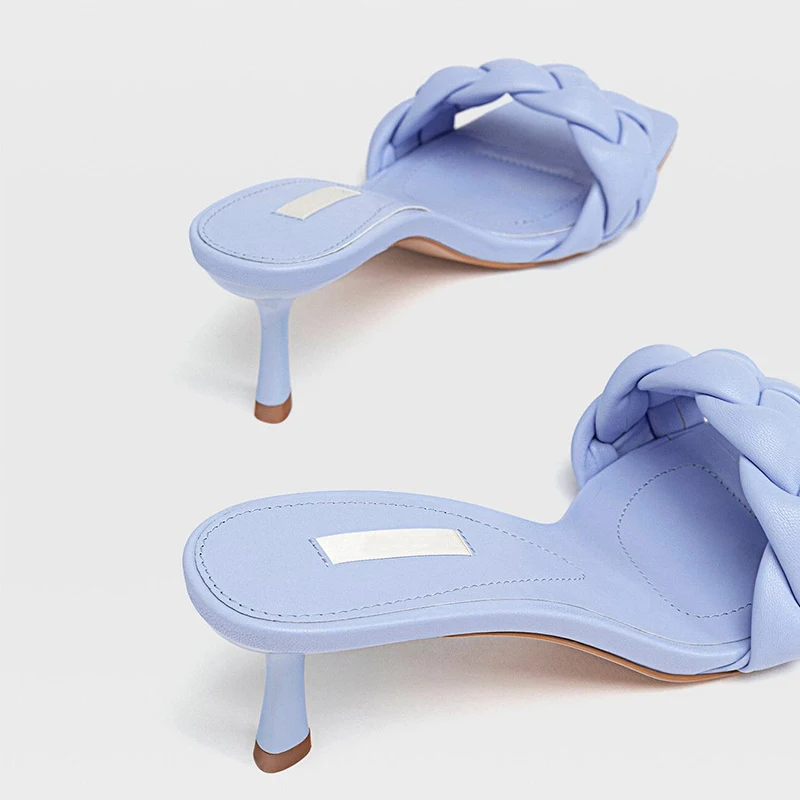Luxusné Značky Dizajnér 2020 Tkaných Vysoké Podpätky, Topánky Žena Väzbe Kožené Papuče INY Ženy Štvorcové Prst Ženy Sandále Tkaných Femme