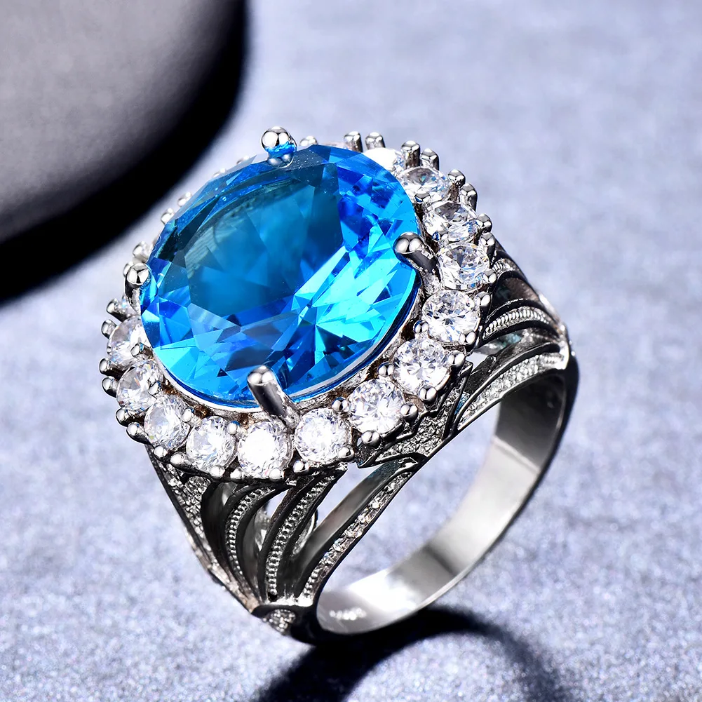 Luxusné Značky Princezná Rez Big Sky Blue Zásnubné Prstene Pre Ženy Drahokamu Kryštály Módne Romantický Večnosti sapphire krúžok