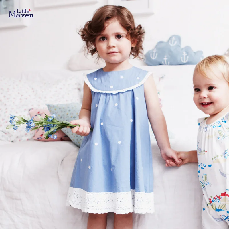 Malý maven 2021 Šaty Dievčatá Topy bez Rukávov Šaty Dot Modrá Deti Princezná Šaty Letné detské Oblečenie Bavlna
