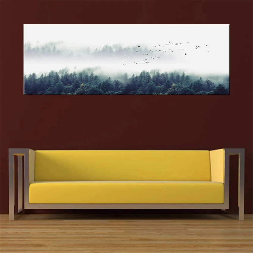 Misty Forest Mountain Plátno Maľovanie Hmla Obrázok Wild Strom Krajiny Plagát, Tlač na Obývacia Izba Domov Stenu Decor Severskej