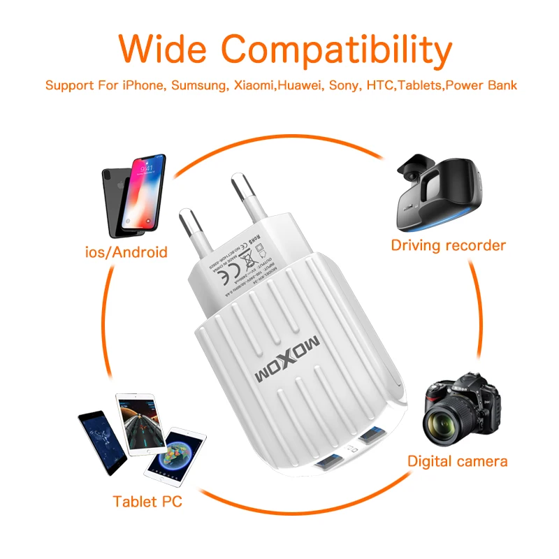 MOXOM Mobilný Telefón, Nabíjačku, USB Wall Nabíjačku 2 Port 2.4 EÚ Zapojte Nabíjačku Adaptér Pre Samsung iPhone X 8Plus Nabíjačku Mobilného Telefónu