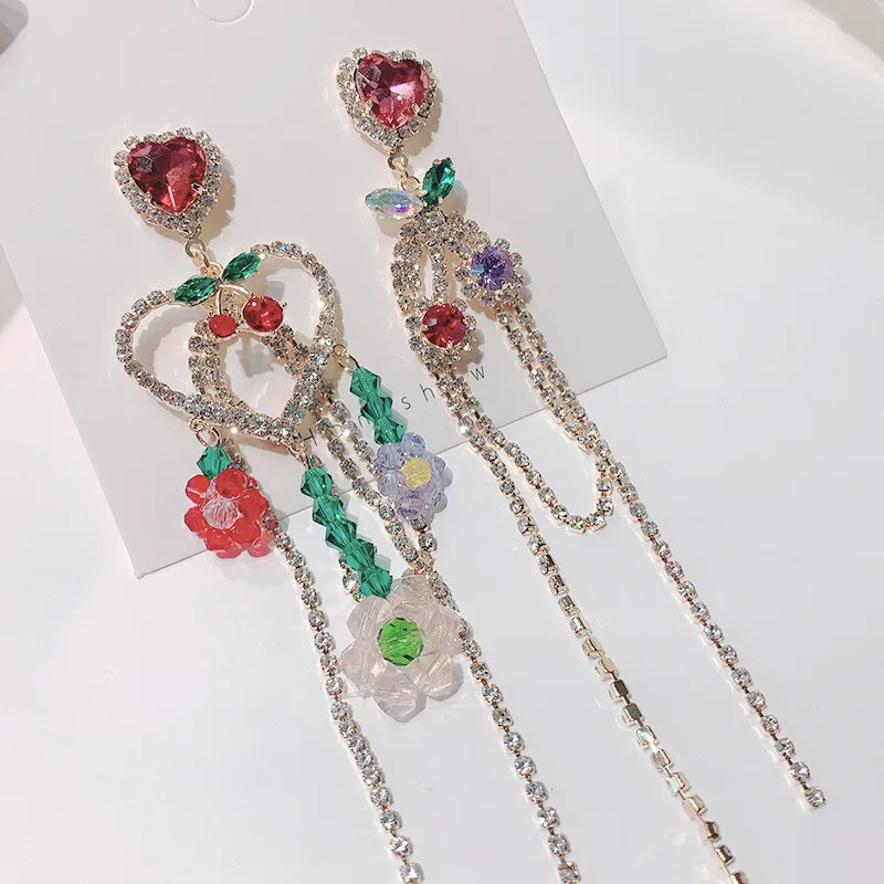 MWSONYA kórejský Luxusné Drahokamu Srdce Dlhý Strapec Drop Náušnice pre Ženy Asymetrický Roztomilý Módne Cherry Šperky Pendientes