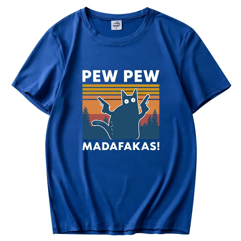 Móda Black Cat Pew Pew Madafakas Vtipné Mačku Gangster S Pištoľou Meme Retro dámske krátke rukávy T-Shirt pre Humor Darček Topy čaj