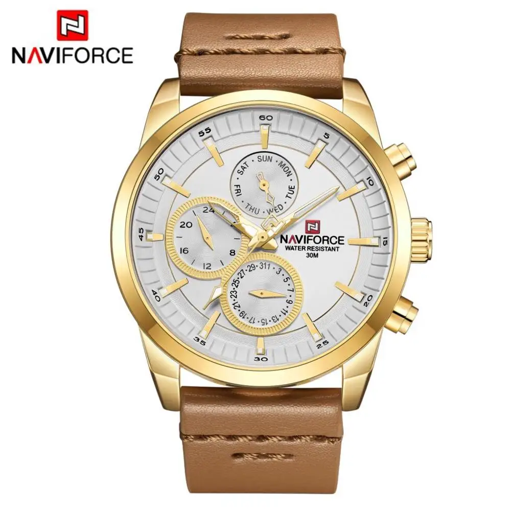 NAVIFORCE Pánske Zlaté Hodinky Luxusné Obchodné Športové Náramkové hodinky Quartz Muž Originálne Kožené Nepremokavé Multi-function Analógové Hodiny
