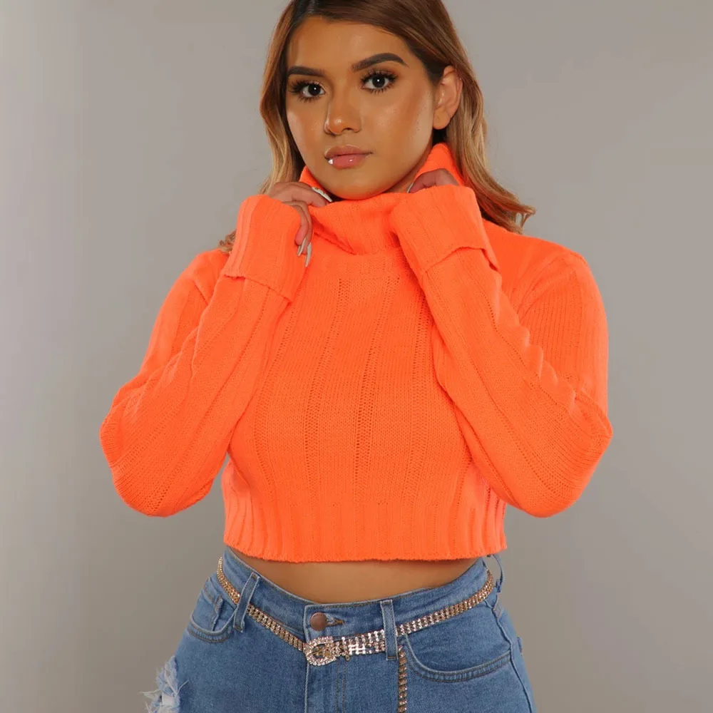 Neon Orange Farbou Turtleneck Plodín Sveter Ženy 2020 Nové Jesenné Zimné Oblečenie Sexy Pletený Pulóver Sveter Topy