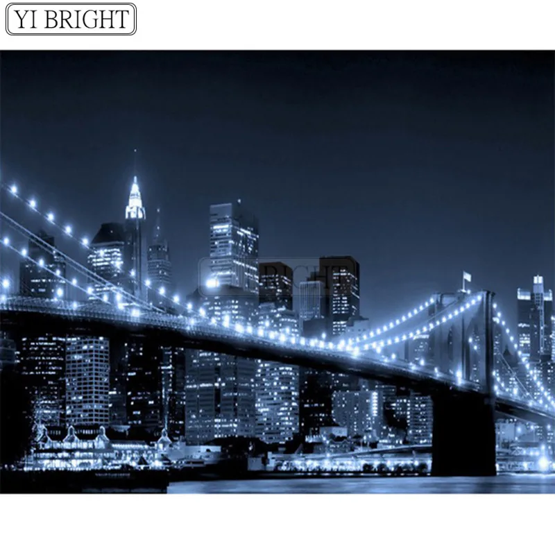 New York Brooklyn Bridge Noc Krajinného Obrazu, 3D DIY Diamond Maľovanie Mozaiky Cross Stitch Plný Vrták Výšivky Domova