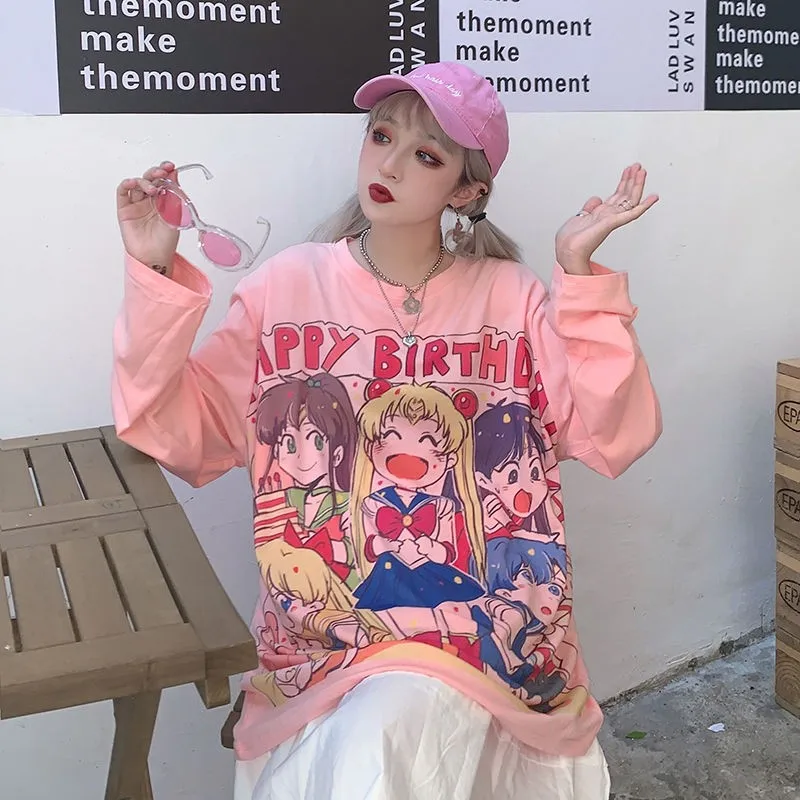NiceMix Dlhé Rukávy košele, topy Harajuku Japonské kreslené tlač študent dievčatá voľné T-shirt žena Pevné klesnutie pulóver