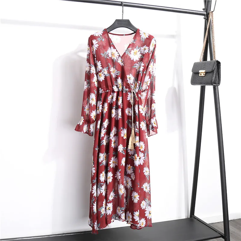 NIJIUDING Žien Šifón Kvetinový Tlač Šaty 2020 Nové Jarné tvaru Dlhý Rukáv Šaty Čipky Vysoký Pás Šaty Vestidos