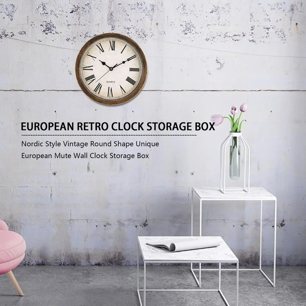 Nordic Štýl Vintage Okrúhly Tvar Jedinečné Európske Stlmiť Nástenné Hodiny Úložný Box pre Domáce Obývacej Miestnosti Dekorácie