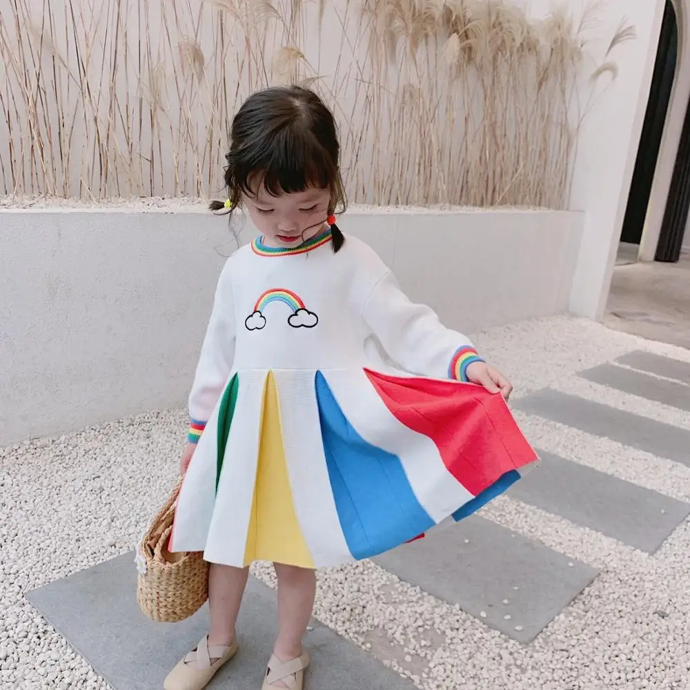 Nové 2020 Baby Girl Dress Rainbow Pletenie Dlhý Rukáv Jeseň Oblečenie S Dlhým Rukávom Dieťa Dievča Oblečenie, Zimné Deti Šaty Pre Dievčatá