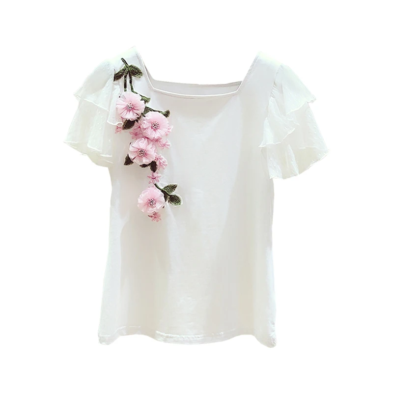Nové Dámske Dámske Kvetinové Vyšívané Krátky Rukáv Biele Tričko Tee Tričko Veľkosť SMLXL Veľkoobchod 2020