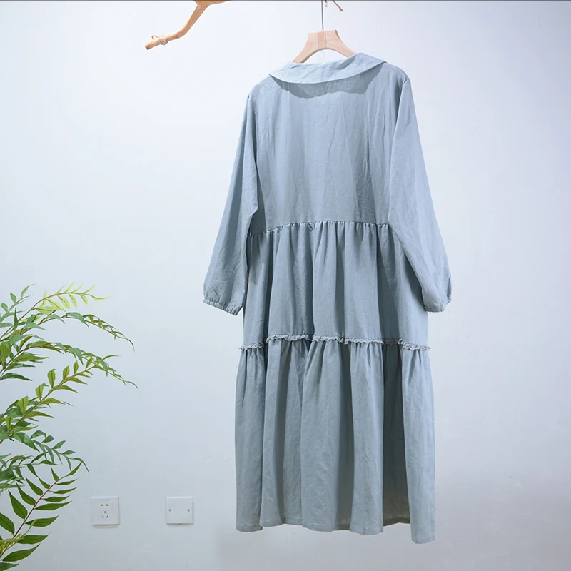 Nové jesenné šaty s dlhým rukávom bavlna bielizeň šaty voľné Japonskom mori štýl bežné šaty