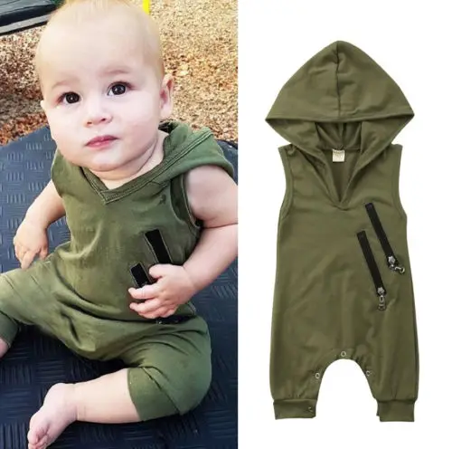 Nové Letné Batoľa Army Zelená Remienky Bez Rukávov Zips Baby Chlapci, Dievčatá Bežné Kapucňou Romper Batoľa Oblečenie Chidlren Oblečenie