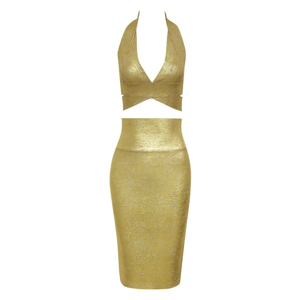Nové Módy Sexy V Krku Backless Samoopaľovacie Zlato Koleno Dĺžke Ženy Obväz Šaty 2019 Módny Návrhár Party Šaty Vestido