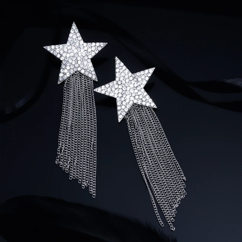 Nové Náušnice, Módne Osobnosti Päť-špicaté Hviezdy Crystal Strapec Dlhé Ucho Príslušenstvo Drop Visiace Náušnice Svadobné Šperky
